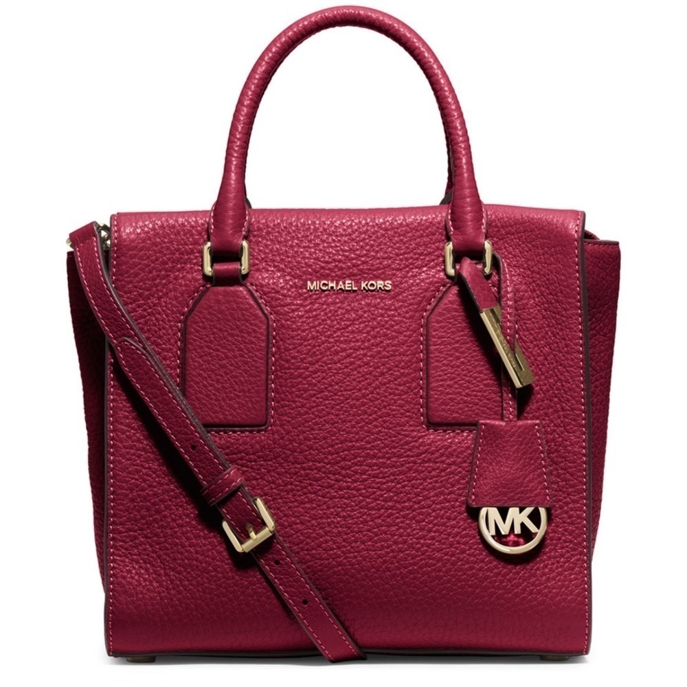 Michael Kors "Shelly" Medium Zip Top Satchel Cherry with Gold Trim